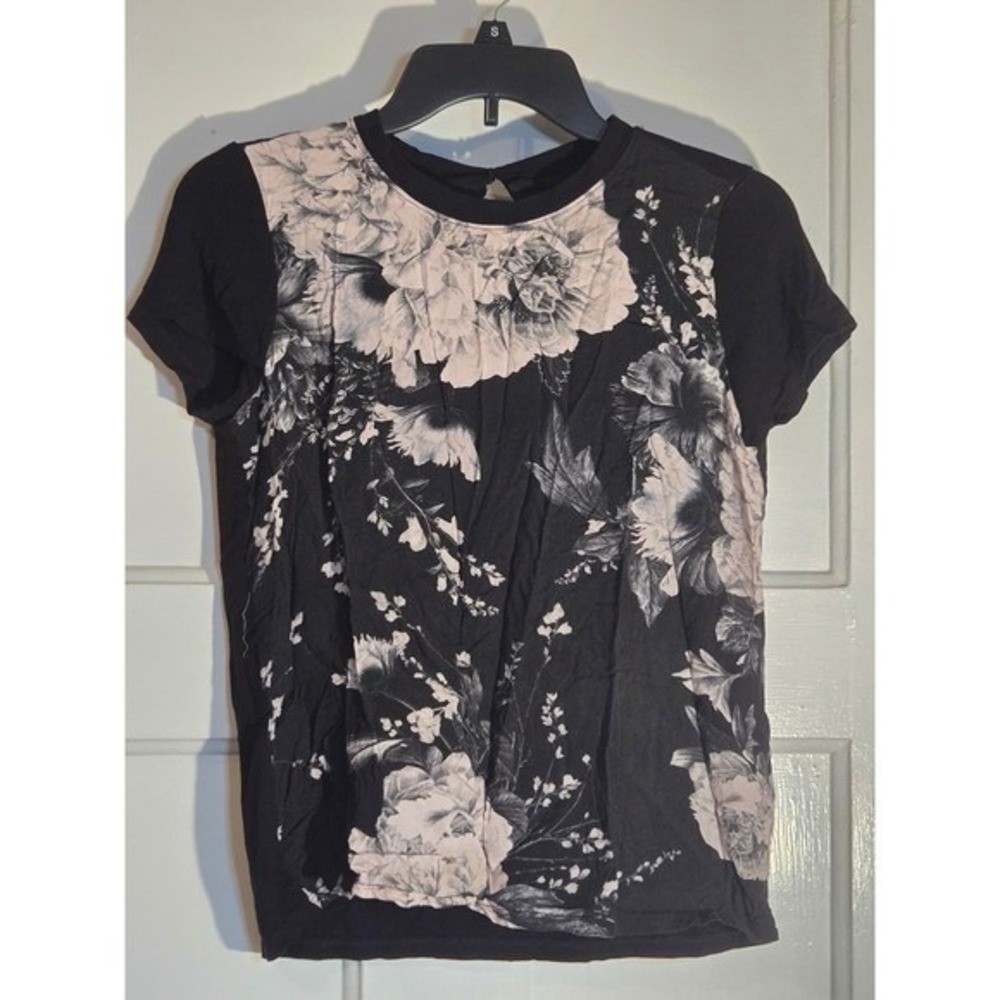 Republic Clothing Floral Print Mixed Media Short Sleeve Top Black White Small